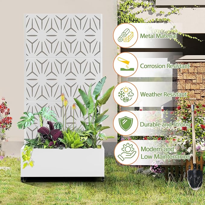 Raised Garden Bed with Trellis and Wheels73x35x16 Metal Raised Garden BedWhite Star Metal Planter with Climbing Trellis for Vines &amp Vegetables