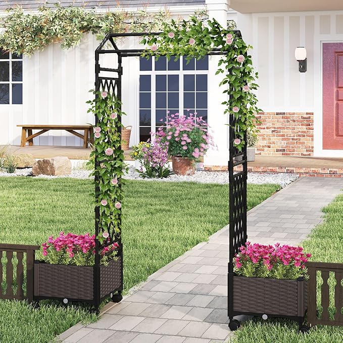 BECOMFORT Planter Box with Trellis 64”H Self-Watering Tomato Planter w/Wheels Hanging Roof &amp Drainage Holes Outdoor Indoor Raised Garden Bed for Climbing Vines Perfect for Patio Lawn &amp Ba