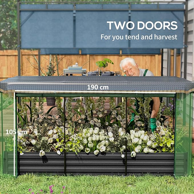 Outsunny 7.3 x 3.4 x 1 ft Galvanized Raised Garden Bed with Crop Cage Plant Protection Net and Shade Cloth Roof Metal Planter Box with Cover for Vegetables Flowers Herbs Dark Gray