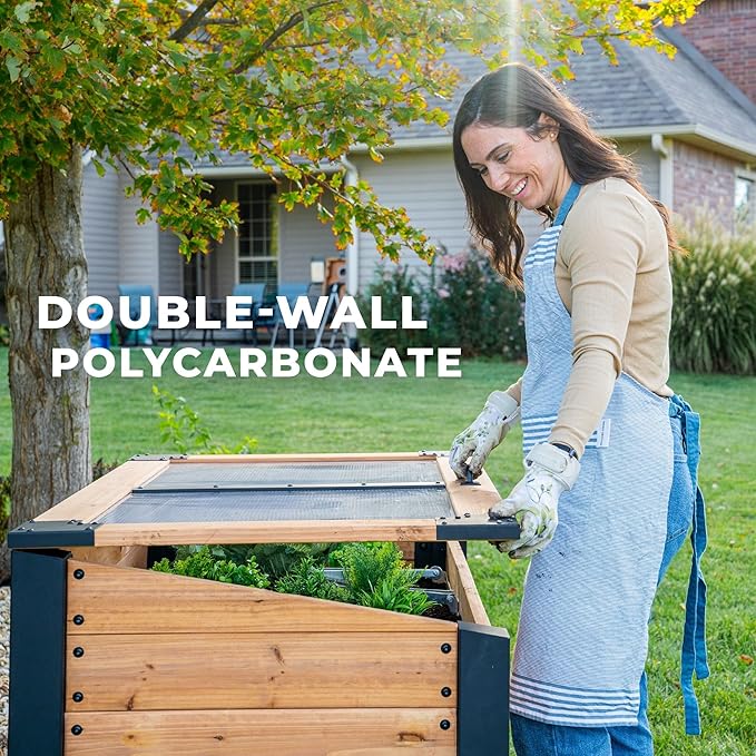 Backyard Discovery Aggie 4' x 2' Cedar Wood Cold Frame Portable Mini Greenhouse Raised Garden Planter with Temperature-Activated Polycarbonate Lid Mesh Drainage for Year-Round Outdoor Gardening