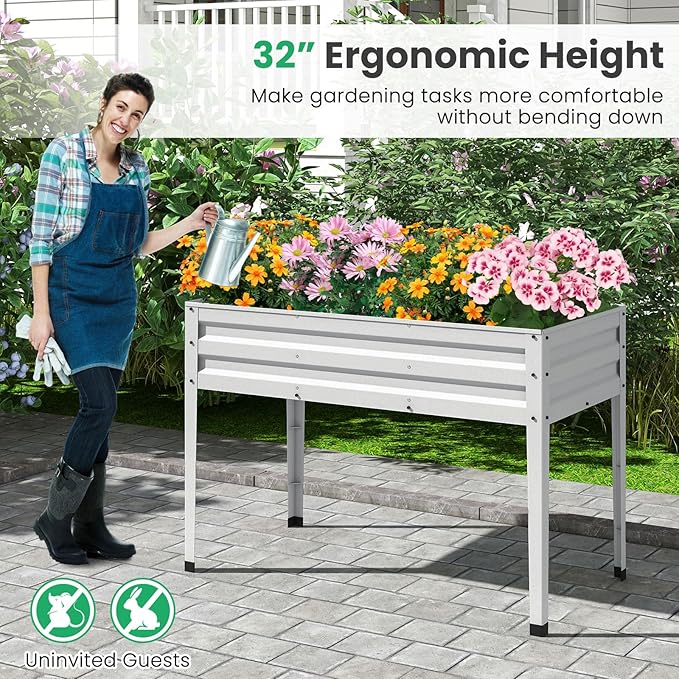 Giantex Raised Garden Bed with Legs 46”x24”x32” Galvanized Steel Planter Box with Drainage Holes for Vegetables Flowers &amp Fruits Freestanding Elevated Planting Bed Easy Assembly (Silver)