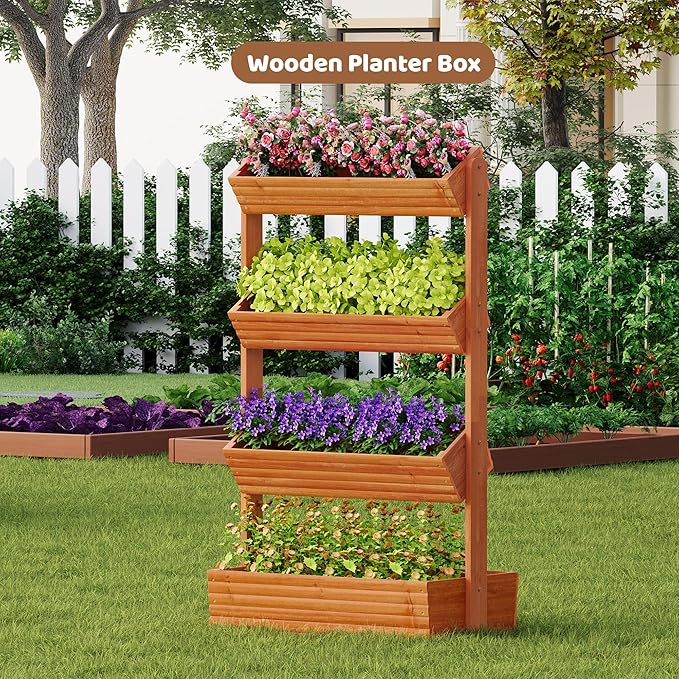 FILWH Wooden Raised Garden Bed Vertical Planter Box Freestanding Plant Stand for Indoor Outdoor Plants Herbs Flowers Vegetables Gardening (Reddish Brown 4-Tier29.9 x 17.9 x 55in)