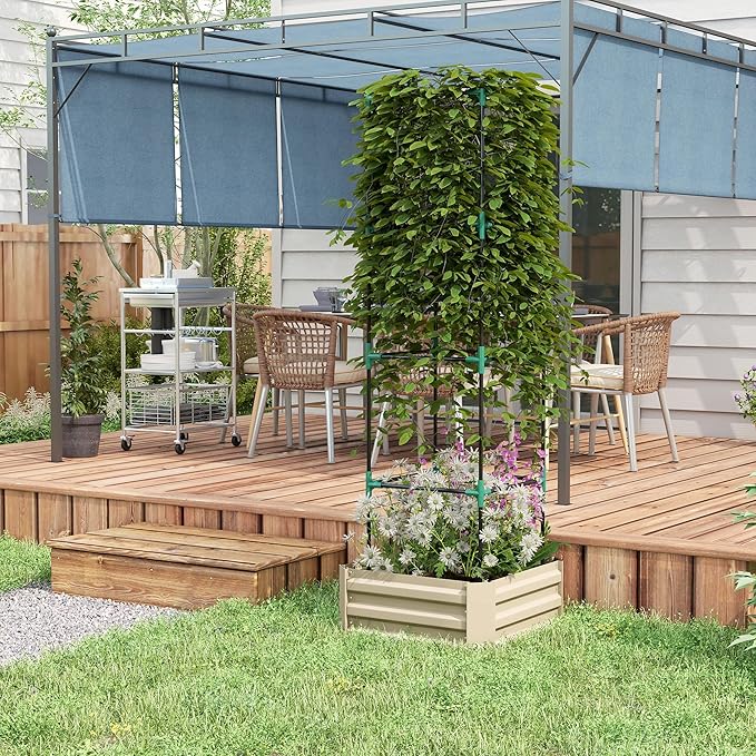 Outsunny Galvanized Raised Garden Bed 73.5 Tall Outdoor Planter Box with Trellis Tomato Cage and Open Bottom for Climbing Vines Vegetables Flowers in Backyard Garden Patio Cream