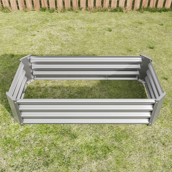 Raised Garden Bed kit 4 * 2 * 1ft Outdoor Raised Beds for Gardening Galvanized Raised Planter Box Suitable for Home Garden Patio Planting Vegetables Flowers and Herb Fruits (Silver)