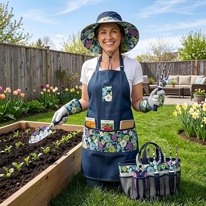 8-Piece Garden Tools Set with Gloves Knee Pads &amp Floral Tools - Ideal Gift for Mom Grandma Spring Planting Weeding Pruning &amp Yard Care
