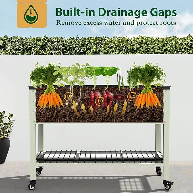 MUPATER 48 L x 24 W x 34 H Galvanized Steel Raised Garden Bed 507lbs Capacity Large Metal Elevated Raised Planter Box with Rolling Casters &amp Extra Bottom Shelf for Patio Balcony Beige
