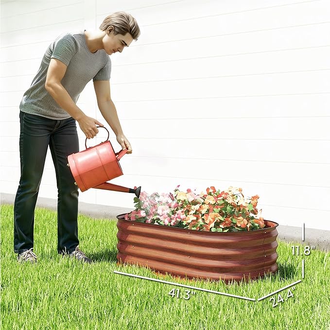 Outsunny 3.5' x 2' x 1' Galvanized Raised Garden Bed Kit Outdoor Metal Elevated Planter Box with Safety Edging Easy DIY Stock Tank for Growing Flowers Herbs &amp Vegetables Brown