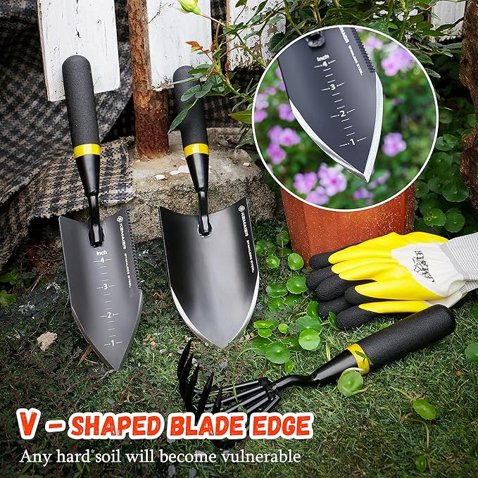 Heavy Duty Stainless Steel Garden Tool Set - Thoughtfully Crafted for Outdoor Patio Use Perfect for Both Men and Women. Includes Gardening Trowel Transplanting Shovel and Hand Cultivators