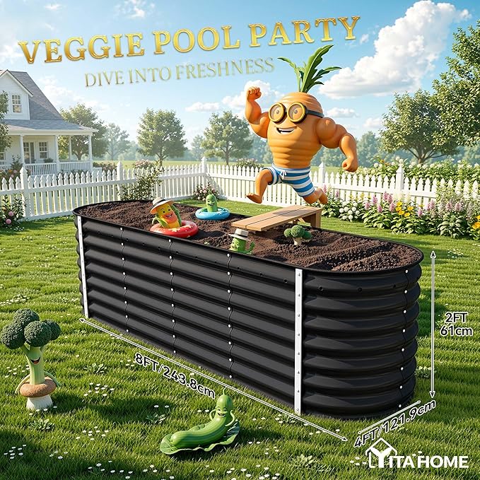 YITAHOME 24 Tall 9 in 1 Raised Garden Bed Kit96x24 in Large Galvanized Metal Planter Box with Gloves Safety Rubber &amp Support Rod Outdoor Flower Bed for Plants Vegetables Flowers Black
