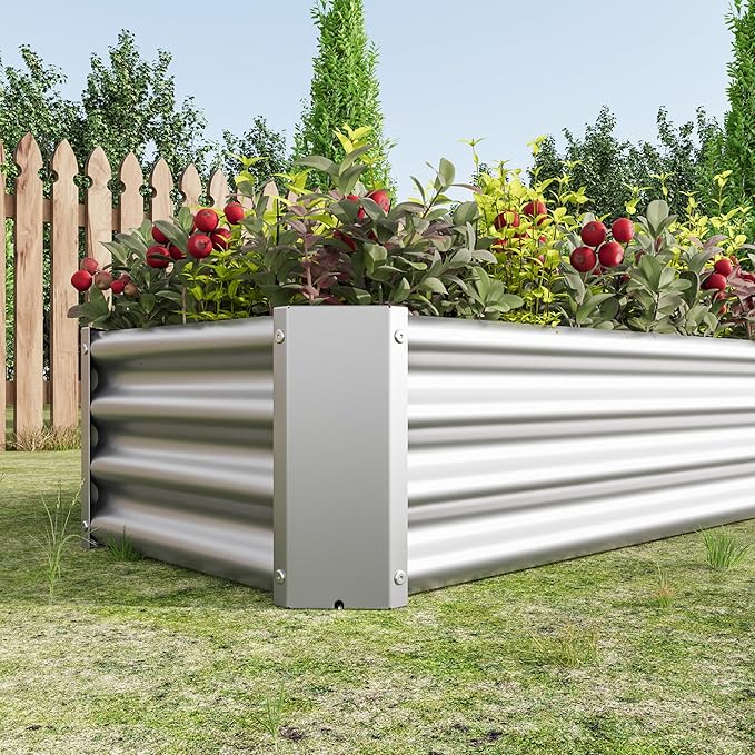 Raised Garden Beds Outdoor for Gardening 4×2×1ft Galvanized Rectangular Plastic Raised Planter Garden Box for Fruit Vegetables Herbs Flowers Growing Bed for Lawn Patio Balcony Silver