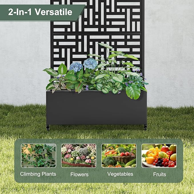 Metal Raised Garden Bed with Trellis Privacy Screen for Outdoor Plants Planter Box with Wheels for Patio 35L×16W×71H Privacy Planters for Climbing Vegetables Flowers Fruits (Black Street)