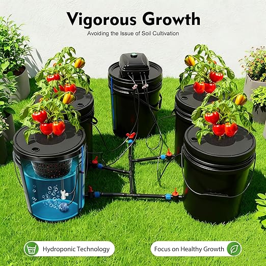 DWC Hydroponics Grow System 5-Gallon Deep Water Culture Recirculating Drip Garden System with Multi-Purpose 6m Hose Air Hose Air Pump and Air Stone for Indoor/Outdoor Leafy Vegetables