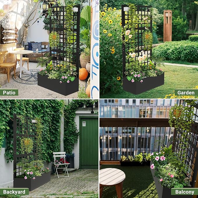 Metal Planter with Trellis 72 x 36’’ x 16 Raised Garden Bed with Trellis Planter Box with Privacy Screen for Climbing Plants Flowers Vegetables Fruits