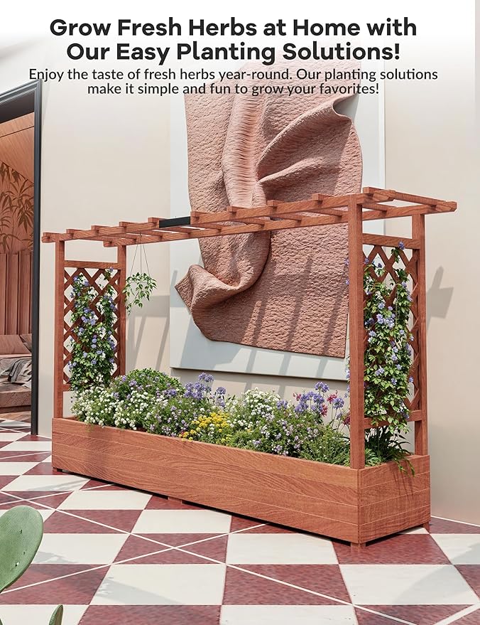 GarveeLife Raised Garden Bed with Trellis 45 in Wood Planter Box with Side Trellis Hanging Roof and 4 Drainage Holes Freestanding Elevated Garden Bed for Climbing Plants Vines Flowers