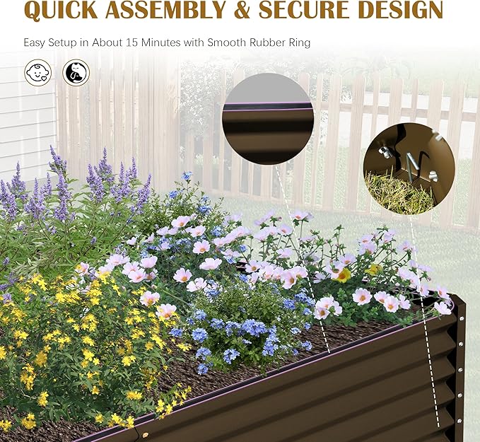 Domi 8x4x2ft Metal Raised Garden Beds Outdoor Thickened Galvanized Steel Deep Root Planter Box with Stabilizing Bars &amp Rubber Edging for Vegetables Flowers Herbs - Brown