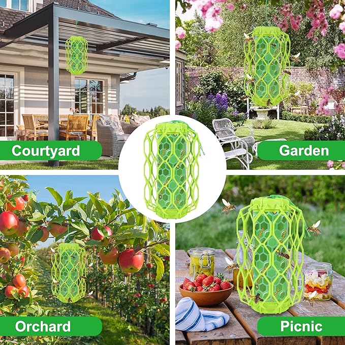 4 Pack Upgraded Wasp Trap Outdoor Hanging Carpenter Bee and Hornet Catcher Reusable Yellow Jacket Trap with Bait Reservoir Bee Killer and Wasp Catcher for Outside (Green)