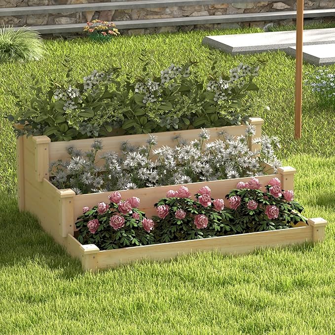 Giantex 3-Tier Raised Garden Bed Tiered Planter Box w/Open-Ended Base Fir Wood Elevated Raised Beds for Gardening Vegetable Flower Herb Fruit Perfect for Patio Lawn Backyard