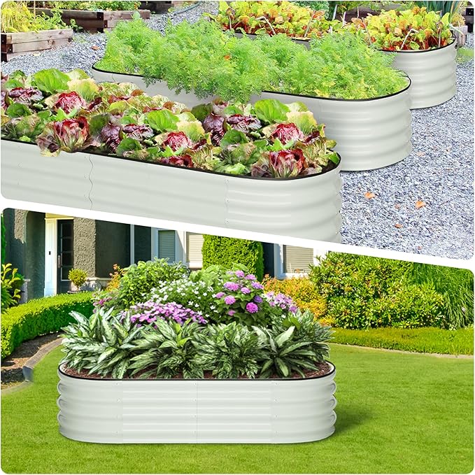 2 Pcs 4.5x2x1ft Galvanized Raised Garden Bed OutdoorPlanters for Outdoor PlantsOpen-Ended Base Planter Raised BoxesOval Metal Planter Box for Vegetables Flowers FruitsRubber Edge White