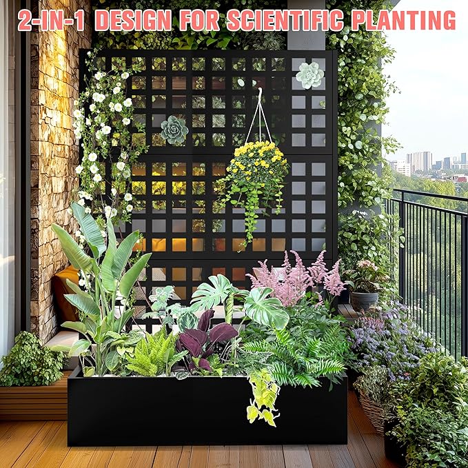 Metal Planter Box with Trellis Raised Garder Bed with Drainage Hole Privacy Screen &amp Trellis for Climbing Plants Outdoor Plant Stands 47''L×17''W×71''H Black