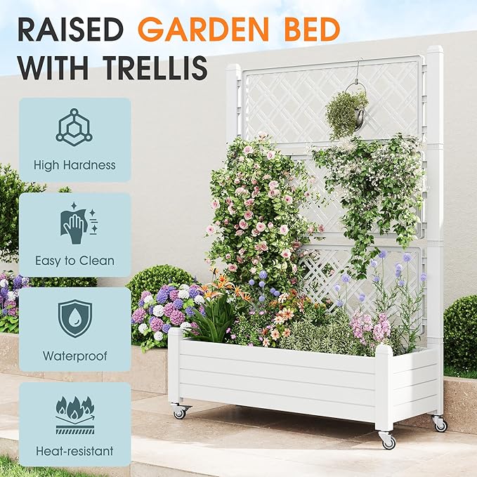 Resin Raised Garden Bed with Trellis and Wheels Planter Box with Trellis Outdoor Raised Planter with Trellis with Drainage Holes &amp Water Monitor for Climbing Plants Vegetables Flower White