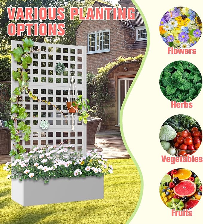 Metal Planter Box with Trellis Raised Garder Bed with Drainage Hole Outdoor Privacy Screen &amp Trellis for Climbing Plants Plant Stands 35''L×16''W×71''H White