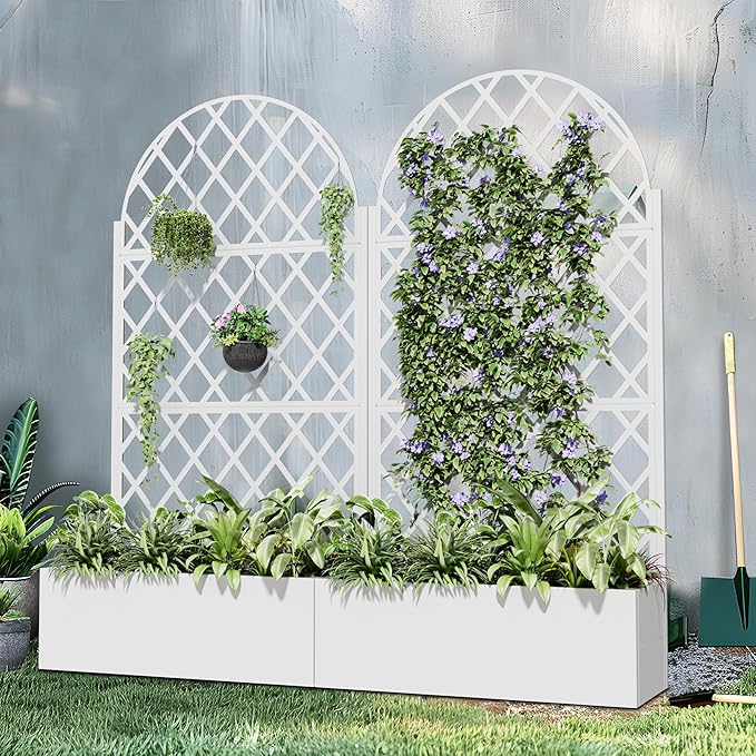 Casaphoria Metal Raised Garden Bed with Trellis and Wheels 72x35x16 Arched Planter Box for Climbing Plants Vegetables &amp Vines Features Drainage Holes and Privacy Screen (White-Rhombus)