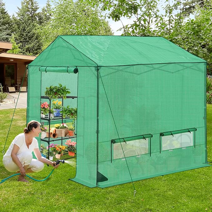 8x8 Pop Up Greenhouse Instant Walk in Green House with PE Cover Power Ports Roll up Doors &amp Windows for Indoor Outdoor Plant Growing Green
