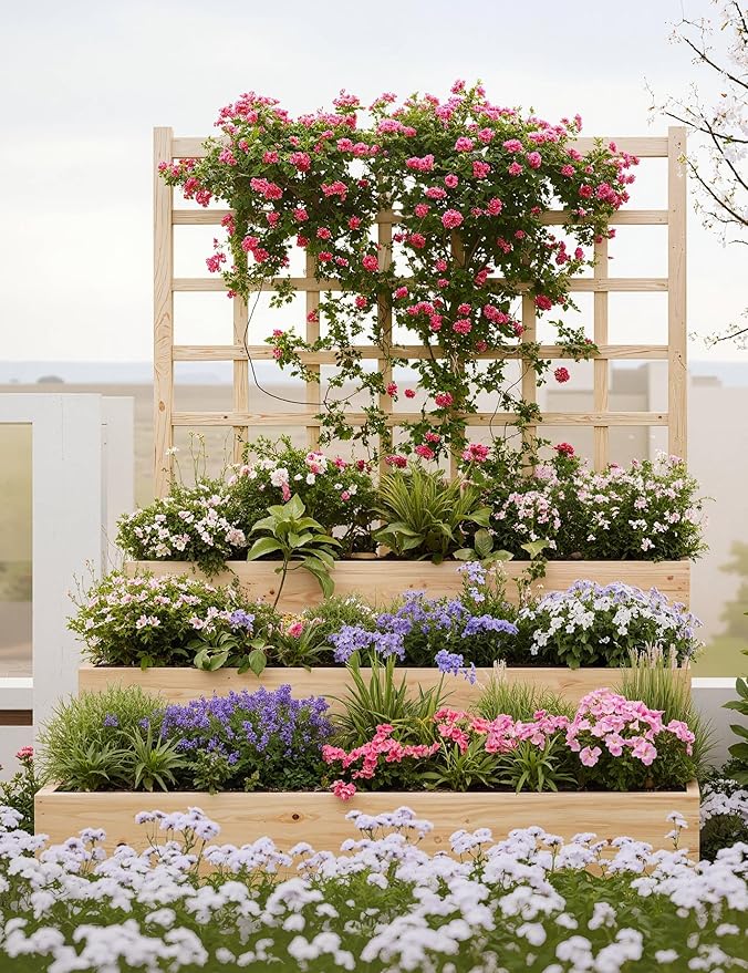 Vertical Wooden Garden Planter with Trellis – 3-Tier Raised Bed for Climbing Vines Fruits Vegetables &amp Herbs – Open-Base Design for Better Drainage – Perfect for Patio Deck or Backyard