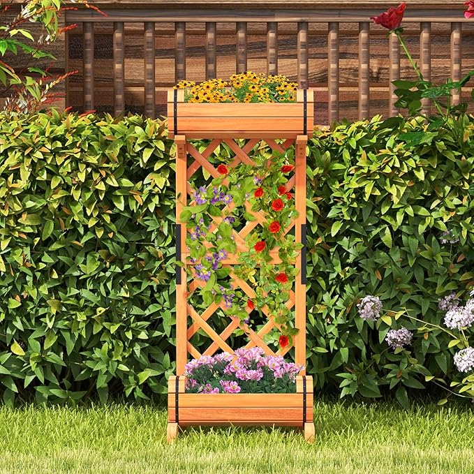 HAPPYGRILL Raised Garden Bed with Trellis Removable Planter Boxes with 2-Tier Round Planter Box &amp Lattice Trellis Vertical Wood Raised Flower Bed for Vine Climbing Plants (18 L x 14 W x 44.5