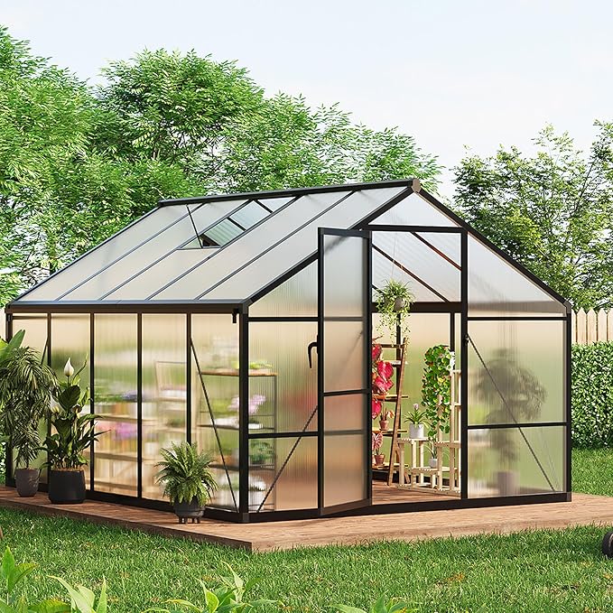 8x10 FT Greenhouse Greenhouses for Outside Polycarbonate Greenhouse with Aluminum Frame Lockable Door and Ajustable Roof Vent for Backyard Green Houses for Outside Garden Backyard Patio