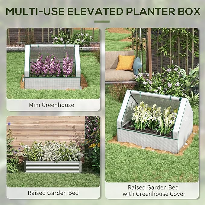 Mini Greenhouse Outdoor Galvanized Raised Garden Bed with Cover Outdoor Planter Box for Herbs and Vegetables (White)
