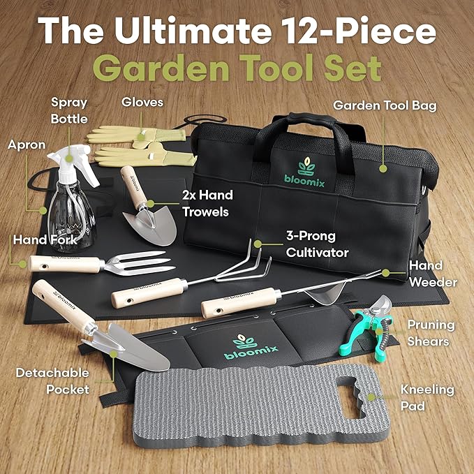 Bloomix 12Pcs Gardening Tools Set - Heavy Duty Garden Tools Set with Tool Bag Kneeling Pad Apron &amp More Garden Accessories - Stainless Steel Plant Care Kit Supplies Gardening Gifts for Women Me