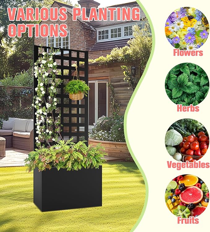Metal Planter Box with Trellis Raised Garder Bed with Drainage Hole Privacy Screen &amp Trellis for Climbing Plants Outdoor Plant Stands 24''L×12''W×63''H Black