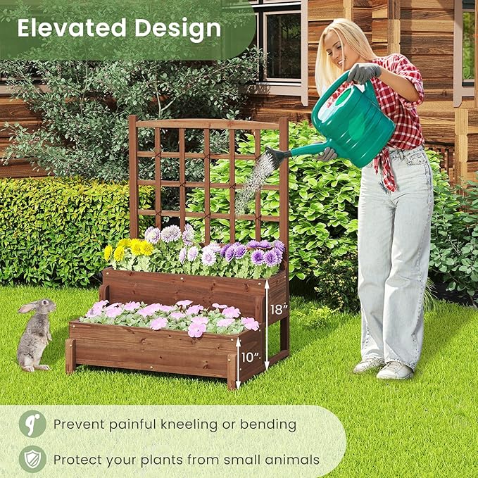 Fir Wood Raised Garden Bed with Trellis 2-Tier Wooden Elevated Planter Box w/Drainage System Garden Trellis for Flower Vegetable Fruit &amp Herb (1)