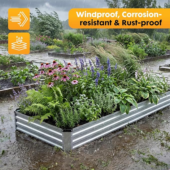 NEWBULIG 8x4x1ft Galvanized Raised Garden Bed Outdoor Metal Planters Box for Vegetables Flowers &amp Herbs Open Base Easy Assembly X-Shaped Bars