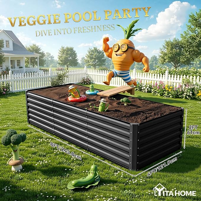 YITAHOME 8x4x2ft Large Raised Garden Bed Kit Galvanized Metal Planter Box with Gloves Ground Nails Support Rod &amp Safety Rubber Outdoor Above Ground Planters for Plants Vegetables Flowers Blac
