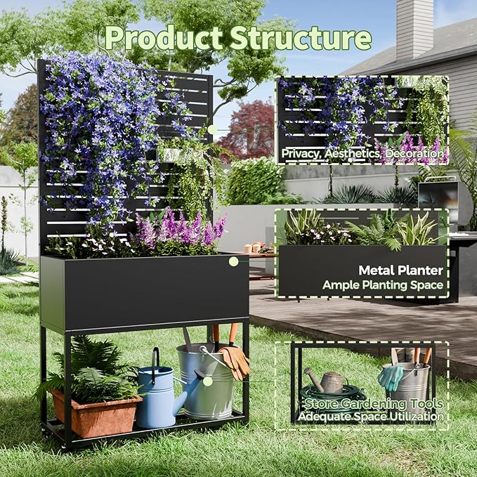 Metal Planter Box with Trellis67 H x35 W Raised Garden Beds with Privacy Screen for Climbing Plants Flower Elevated Standing Planter Garden Bed with Drainage Holes for Outdoor PatioBlack