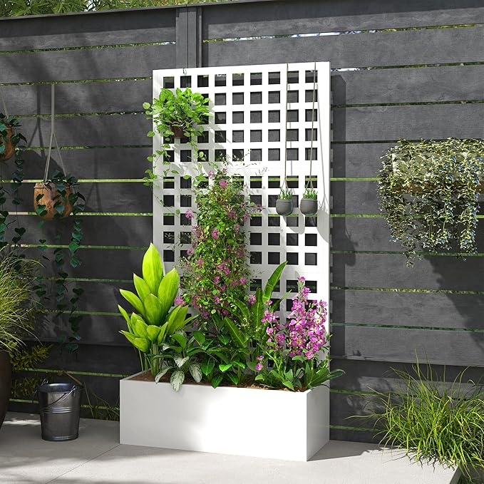 Outsunny Galvanized Raised Garden Bed with Trellis Metal Planter Box with Drainage Holes Outdoor Privacy Screen for Climbing Plants Vegetable Vines 35 x 16 x 70 White