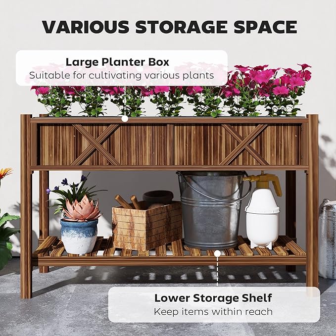 Dual Tier Raised Garden BedElevated Wood Planter Boxwith Storage ShelfDrainage Holesand Liner