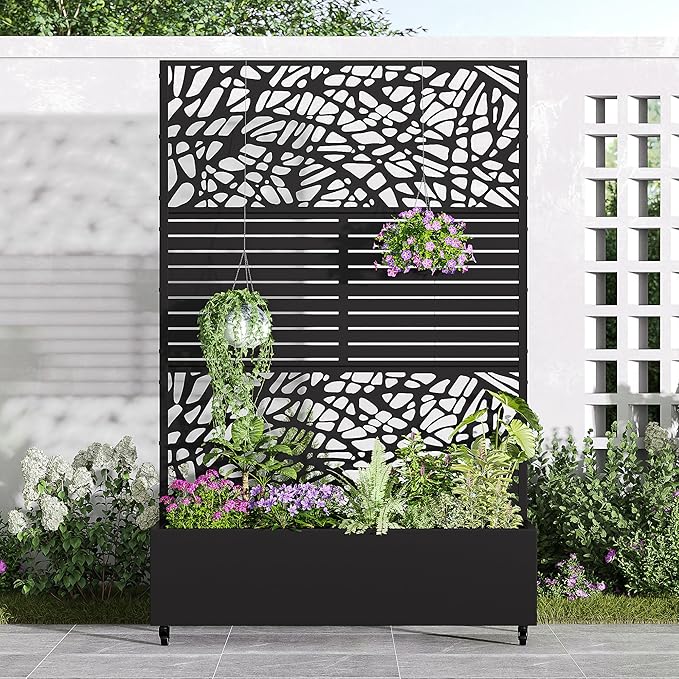 Casaphoria Metal Raised Garden Bed with Trellis and Wheels 72x47x16 Arched Planter Box for Climbing Plants Vegetables &amp Vines Features Drainage Holes and Privacy Screen (Black-Net&ampLouver