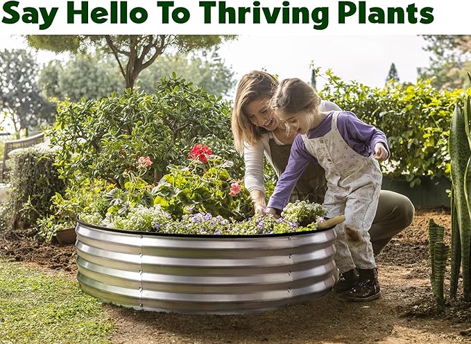 Round Galvanized Raised Garden Bed // 4×4×1 ft (2-Pack) Galvanized Raised Garden Beds Outdoor for Gardening Vegetables Flowers // Patented Tool-Free Design Round Planter (Silver)