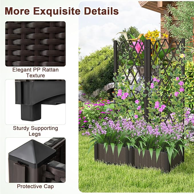 LDAILY Moccha Raised Garden Bed with Trellis - Planter with Trellis Self-Watering Device Drainage Hole Standing Garden Bed for Climbing Plant Vegetable Herb Flower (32”L x 16”W x 53”H)