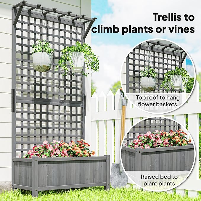 Outsunny Wood Planter with Trellis Raised Garden Bed for Climbing Plants w/Drainage Holes and Roof 35.5 x 17.75 x 72 Dark Gray