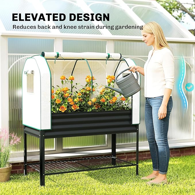Outsunny Galvanised Raised Garden Bed with Greenhouse Cover Metal Elevated Garden Bed with Legs Bed Liner and Bottom Shelf Outdoor Raised Planter Box for Vegetables Herbs Flowers Black