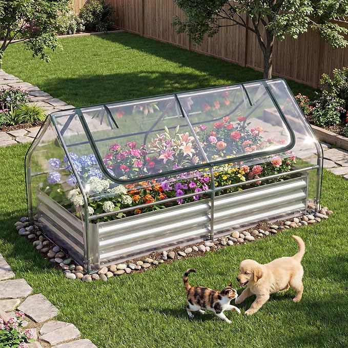 Happygrill Raised Garden Bed with Cover Galvanized Planter Boxes Outdoor w/Mini Greenhouse 2 Roll-up Windows &amp Open-Ended Base Metal Growing Raised Bed for Vegetables (Silver 72” x 36” x 37”)