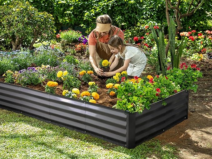 Plant &amp Plot Galvanized Raised Garden Beds Outdoor // 8×4×1 ft Planter Raised Beds for Gardening Vegetables Flowers // Large Metal Garden Box // Patented Tool-Free Design (Dark Gray)