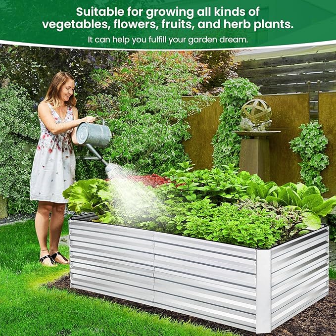 6x3x2FT Raised Garden Bed Kit Galvanized Planter Raised Garden Boxes Outdoor w/Anti Cutting Strip &amp A pair of gloves Deep Root Raised Planter for Vegetables Fruits Flowers and Herbs Silver