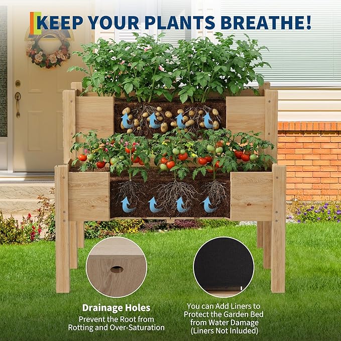 GarveeLife 34x34x29inches Two-Tier Wooden Raised Garden Bed with Legs Large Elevated Outdoor Planter Box with 8 Drainage Holes 352 Lbs Capacity for Vegetables Herbs Flowers Backyard Patio
