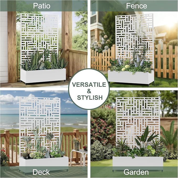 Large Raised Garden Beds with Trellis &amp Wheels Metal Planter Box with Privacy Screen for Climbing Plants Vegetables Fruits 47L Garden Boxes Outdoor with Drainage Holes (White Street)