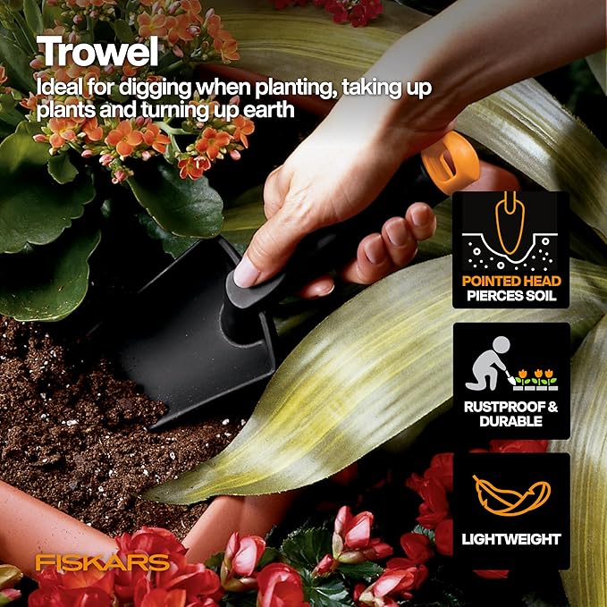 Fiskars Vegetable Gardening Essentials 6-Piece Tool Set for Cultivating Serrated Stainless Steel Shears &amp 4-in-1 Seed Sower for Planting Rust-Resistant Steel Trowel Cultivator Weeder L/XL Glo